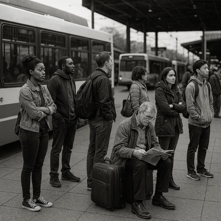 Group of people waiting for a train at the station. Black and white photo.の写真素材