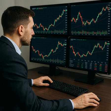 Side view of young businessman sitting at desk with computer monitors and looking at forex chart
