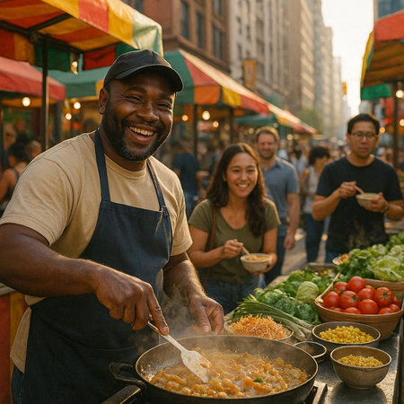 Portrait of a cheerful african american man cooking on a street food market