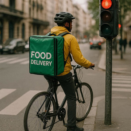 rear view of delivery man with thermo bag riding bicycle on street