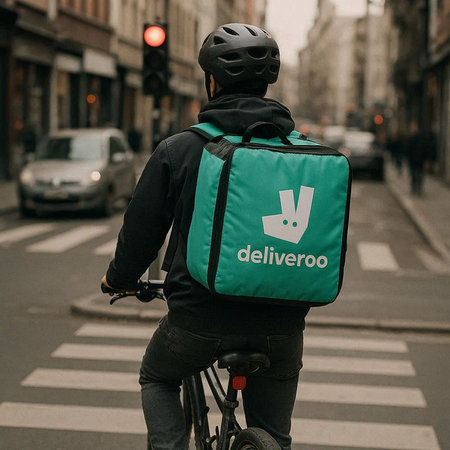 Rear view of delivery man with bicycle carrying thermo bag in the cityの写真素材