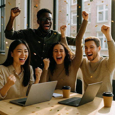 Group of young multiethnic friends celebrating success with raised hands in officeの写真素材