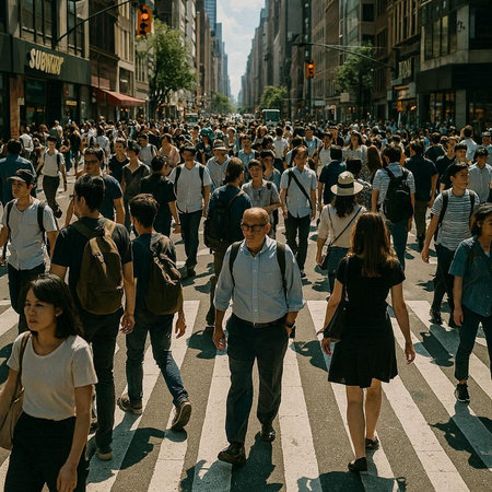 Crowd of people crossing the street in Manhattan.