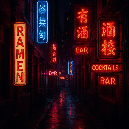 Neon signs in the streets of New York City at night.