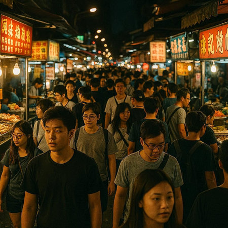 Unidentified people at night market in Hong Kong.の写真素材