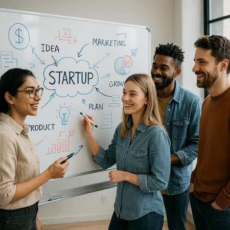 Group of multiethnic young business people in casual clothes and eyeglasses standing near whiteboard...