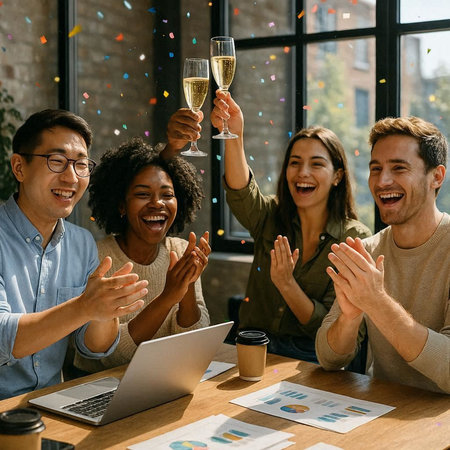 Group of young multiethnic businesspeople clinking glasses of champagne and celebrating success at...