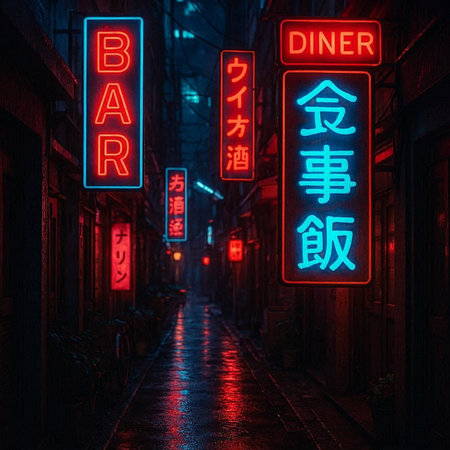 Illuminated street at night in Kyoto, Japan with neon signs.