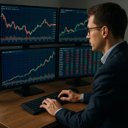 Side view of businessman in eyeglasses working on computer in office