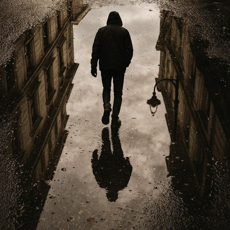 Silhouette of a man walking on the street in the rainの写真素材