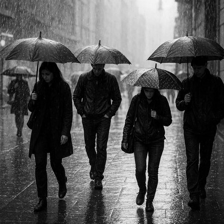 Group of people walking under an umbrella in the rain, monochrome