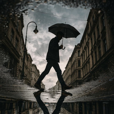 Man with umbrella in rain. Rainy day in the city.