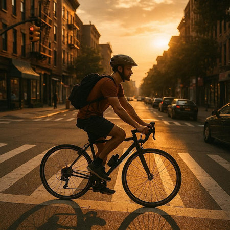 Cyclist riding a bicycle in the city at sunset time.の写真素材