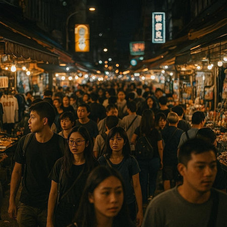 Unidentified people walking at the night market in Bangkok, Thailand.