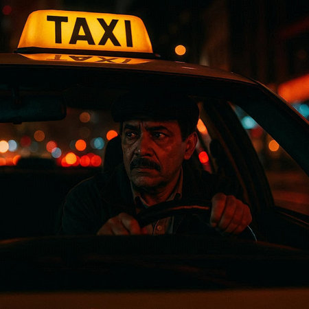 Portrait of a taxi driver on the road at night. The concept of taxi service.