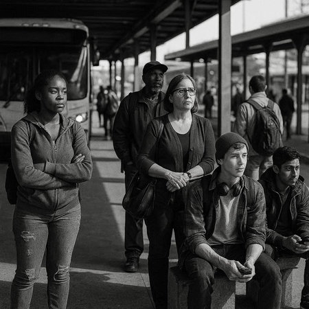Group of people waiting for a bus at the bus stop in black and white