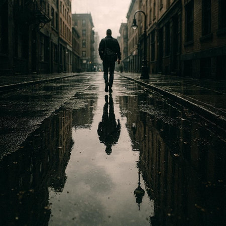 Silhouette of a man walking in a rain puddle.