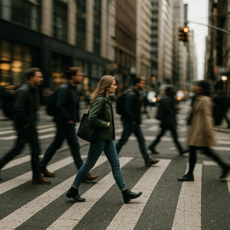 Crowd of people crossing the street in Manhattan, New York City.