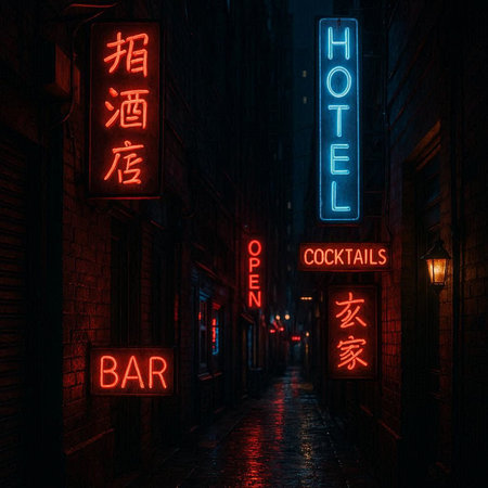 Night street with neon signs in the old town of Beijing, Chinaの写真素材