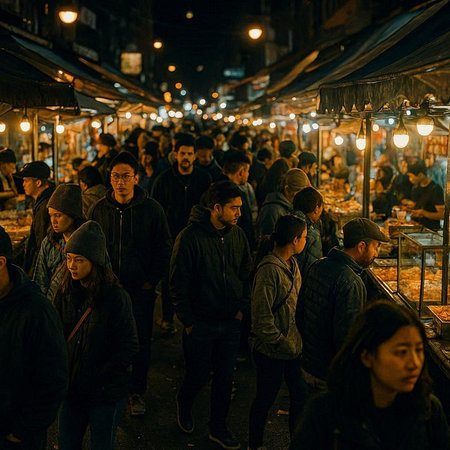 People at night market in Barcelona, Spain