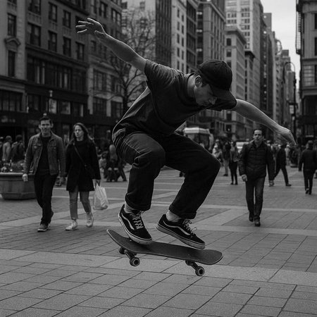 A skateboarder performs a trick in Manhattan