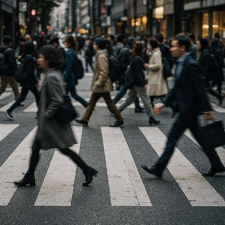 Busy city street with people walking on zebra crossing in Tokyo, Japan