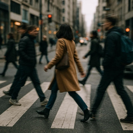 People walking on the street at rush hour in Paris, France.の写真素材
