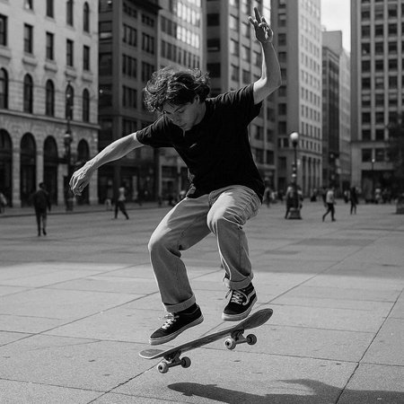 Skateboarder practicing tricks on a skateboard in the city