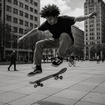 Skateboarder doing a trick on a skateboard in the city