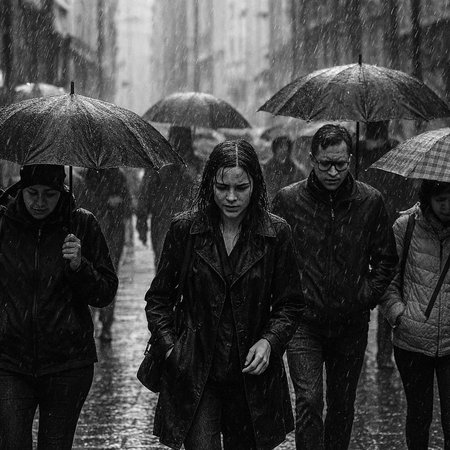 Rainy day in Prague, Czech Republic. People walking in the rain.の写真素材