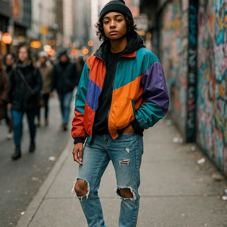 Stylish african american man in colorful jacket and cap walking down the streetの写真素材