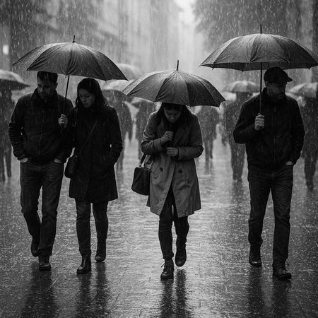 Group of people with umbrellas walking in the rain, monochromeの写真素材