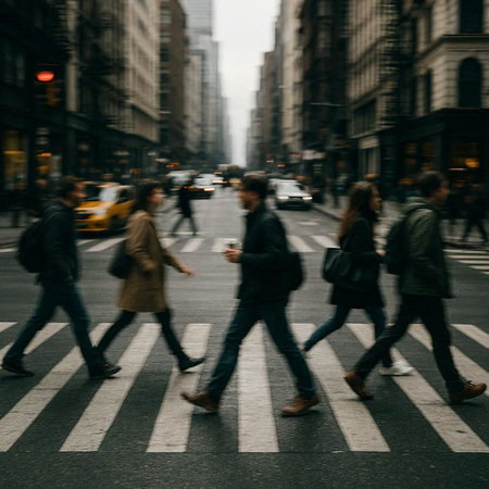 People crossing street in Manhattan, New York City, United States of Americaの写真素材