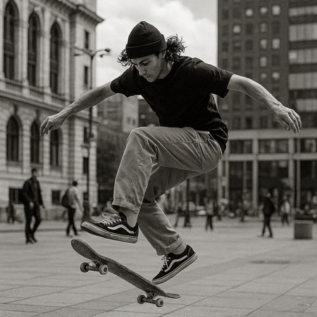 Black and white portrait of a skateboarder in the city.の写真素材