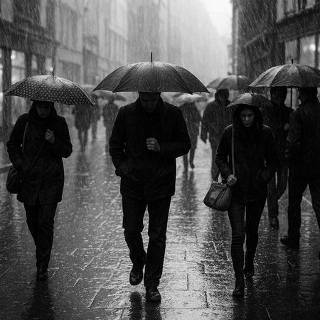 people walking in the rain on a rainy day, monochromeの写真素材