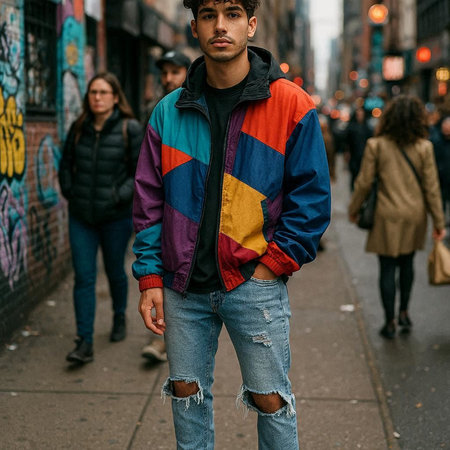 Handsome young man in colorful jacket and jeans on the street
