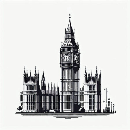 Big Ben, Houses of Parliament, London, UK. Hand drawn vector illustration.