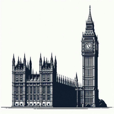Big Ben and Houses of Parliament in London engraving style.