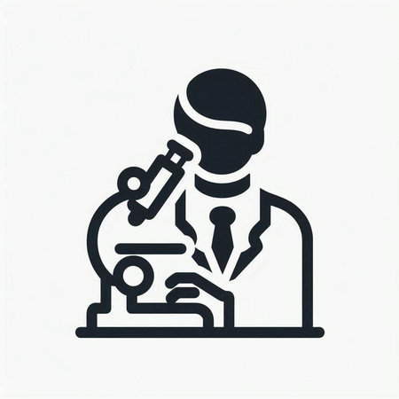 Scientist working with microscope icon, black on white. Vector illustration.