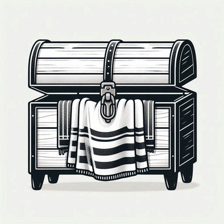 Wooden chest with a towel. Vintage style. Vector illustration.