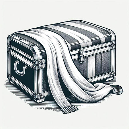 Treasure chest with a curtain. Hand drawn sketch. Vector illustration.