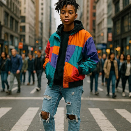 Stylish african american woman in colorful jacket and blue jeans on the street.