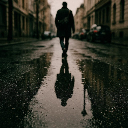 Reflection of a man in a puddle on a rainy day