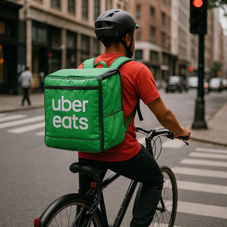 Rear view of delivery man with thermo bag riding bicycle in the city