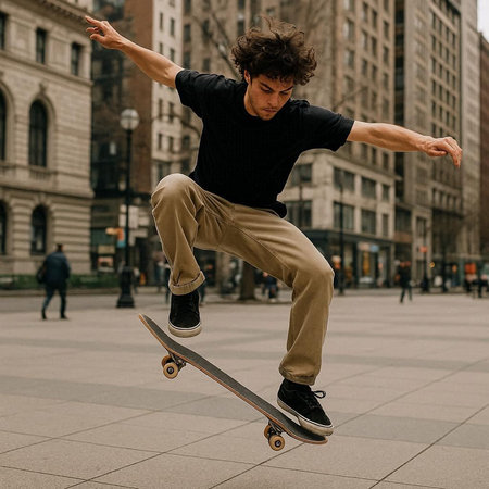 Skateboarder doing tricks on a skateboard in the city
