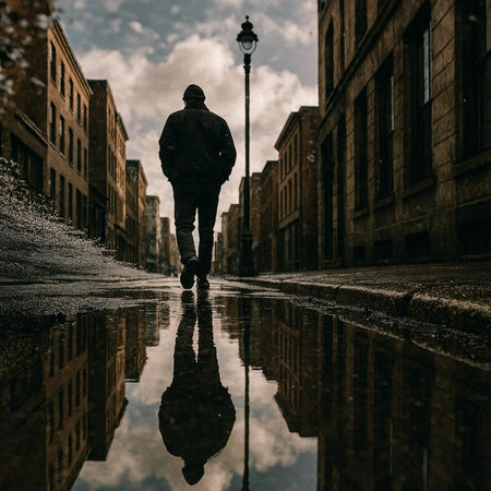 Man walking in a puddle on a rainy day in London.