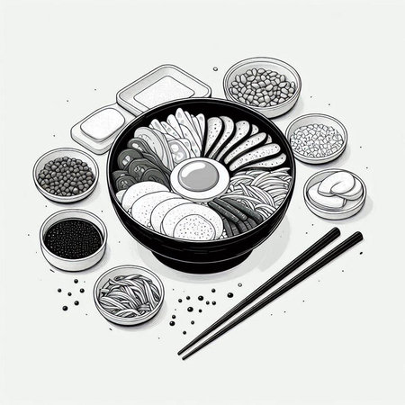 Noodles in a bowl with chopsticks. Black and white illustrationの写真素材