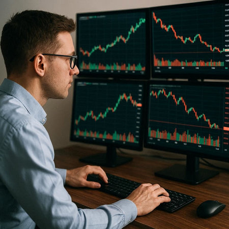 Side view of young businessman in eyeglasses working on computer monitors while sitting at desk in...