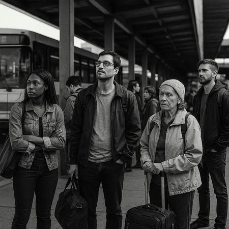 Group of people waiting at the bus stop, black and white photoの写真素材