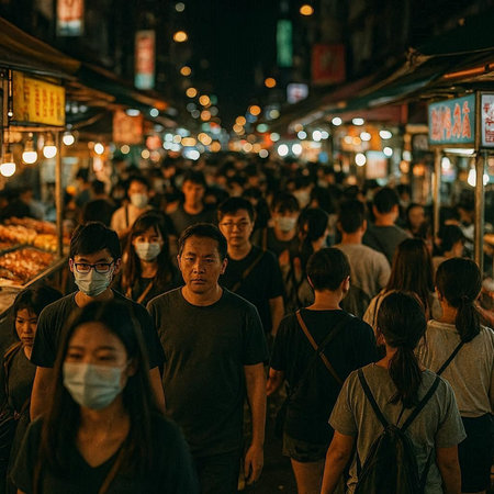 Crowds of people walking on the street at night.の写真素材